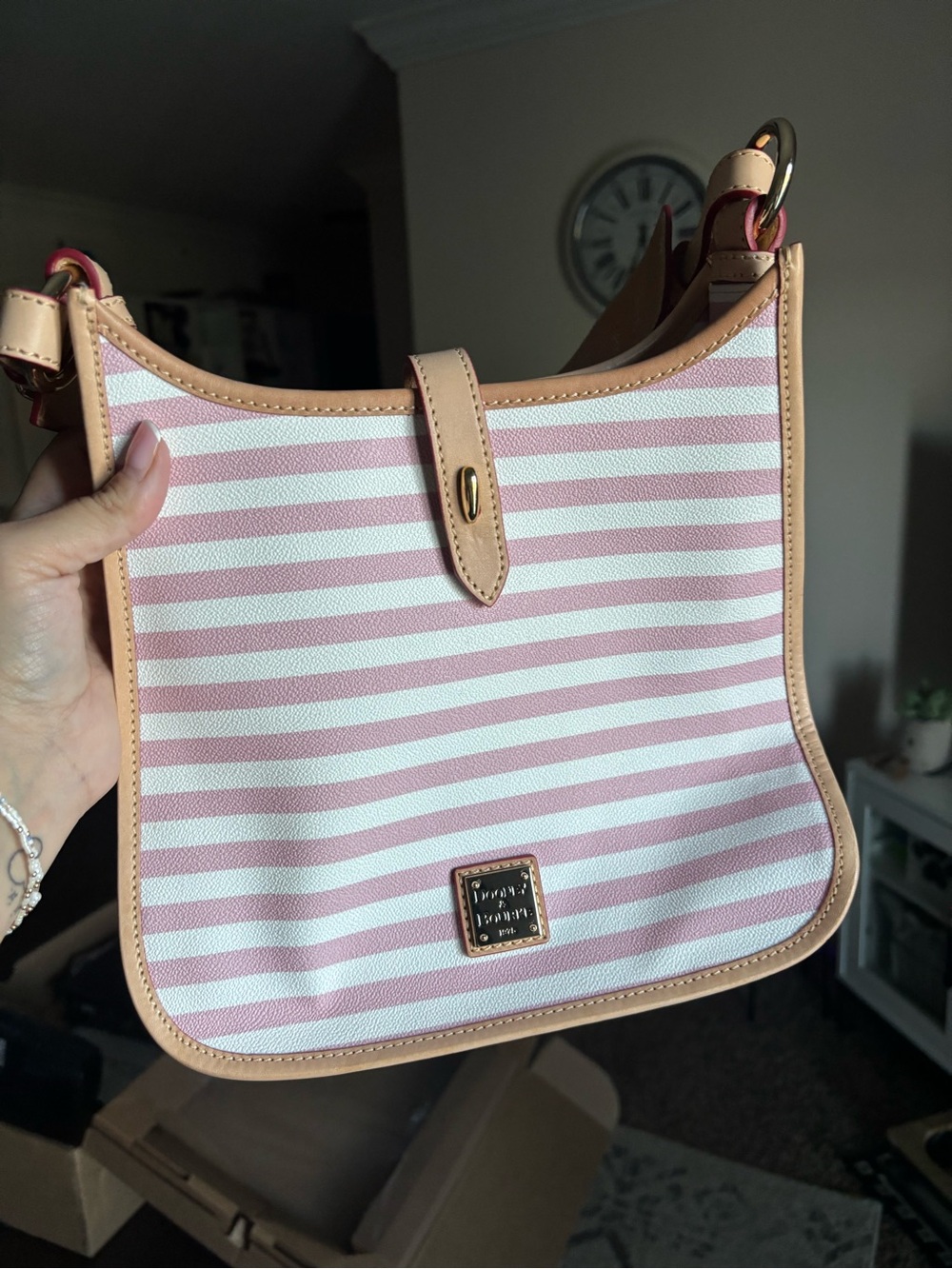 Dooney & Bourke Pink and White Striped Shoulder Bag with Tan Trim
